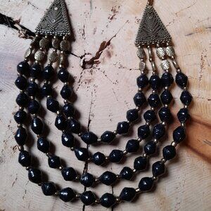 Brass Tone and Black Bib Necklace Rolled Paper Beads Ethnic Boho Tribal